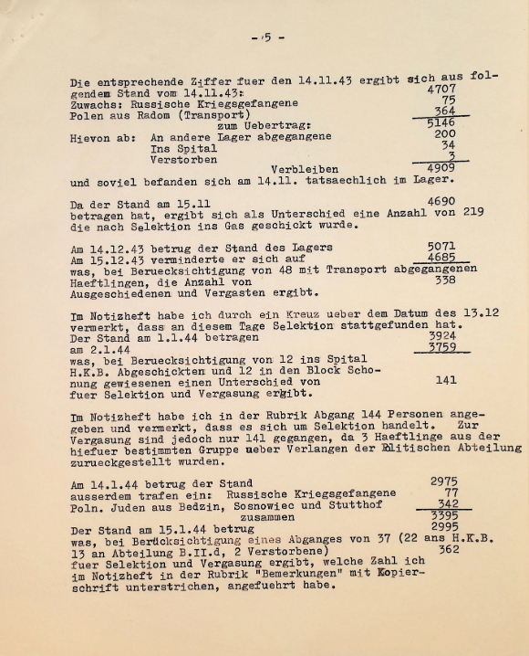 דף מעדותו של ד"ר וולקן על בירקנאו. טרנספורטים, נובמבר 1943 עד ינואר 1944: מוצא האסירים, כמה נשלחו למוות וכמה נקלטו לעבודה.
