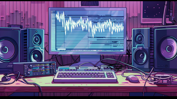 illustration - sound waves turning to letters on computer screen 